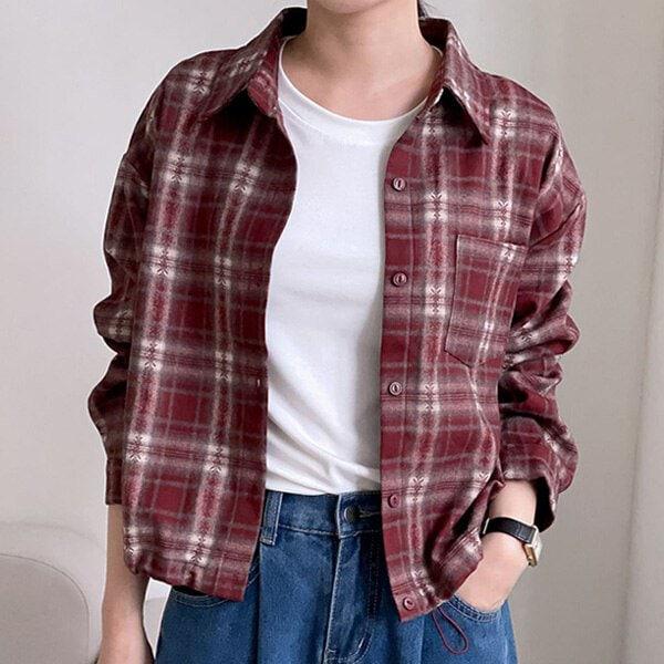 (SH)厚手チェックストリングシャツ 冬 女性 起毛シャツ