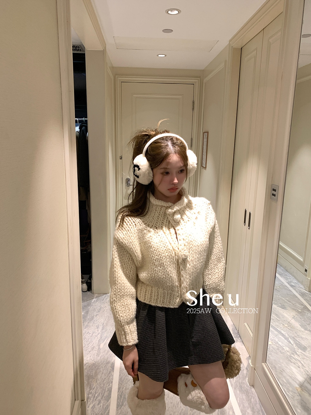 韓国風 ハンドニット スタンドカラーニット