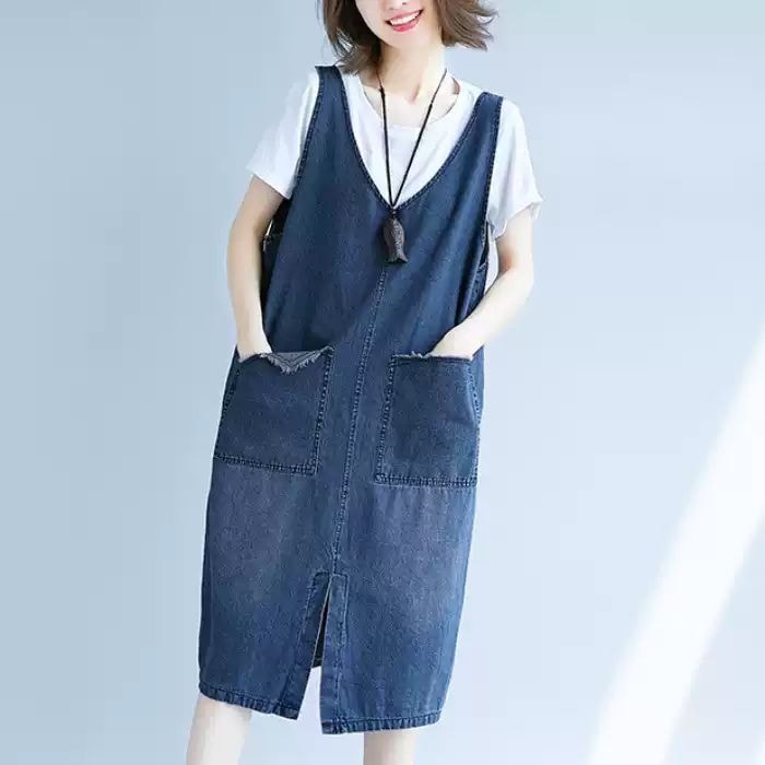 レディース サロペット デニム 膝下 Vネック ストリート ブルーデニム かわいい 大人可愛い シンプル カジュアル おしゃれ ガーリー ラブリー キュート カントリー 無地 春 夏 秋 お出かけ