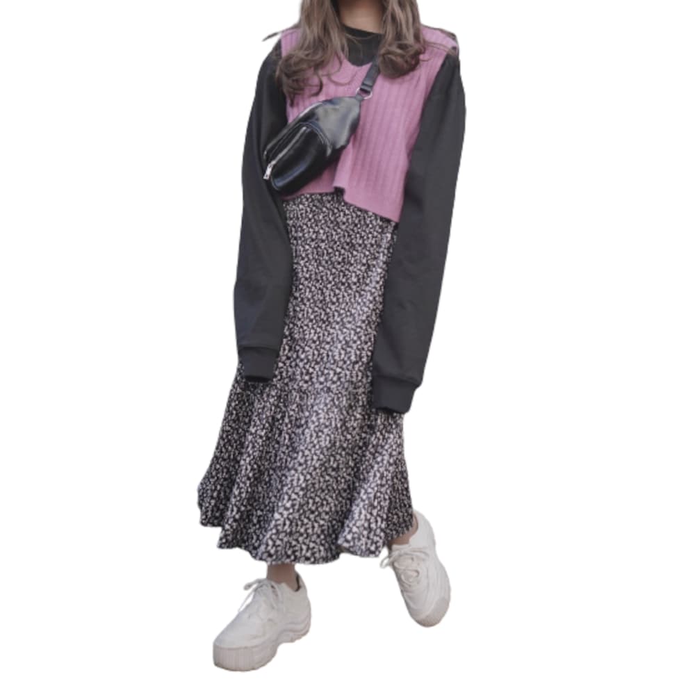 Monotone Flower Tiered Long Skirt (black) A,D,G レディース ボトムス