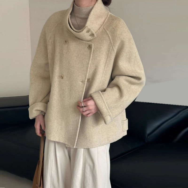 韓国風のレディース両面カシミアコートショートスタイル新作秋冬スタイル小柄スタンドカラーダブルブレストワイドカットウールコート