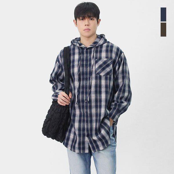 メンズポケットブラシロングチェックフード付きデイリーオーバーフィットシャツ SGAU004