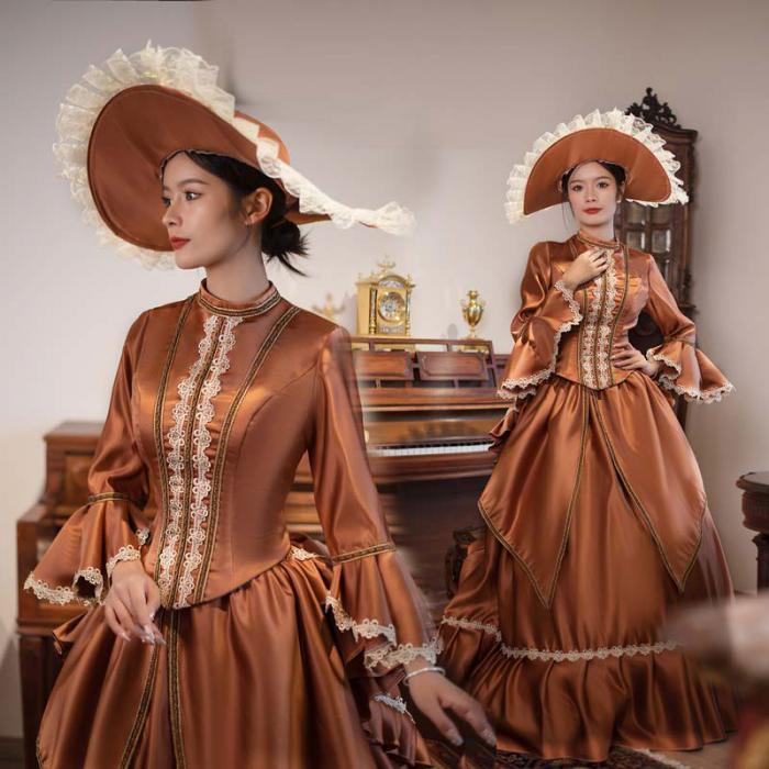 品質良い 貴族 衣装 王族服 カラードレス 貴族ドレス ステージ衣装としても最適 カラメル色 お姫様ドレス+頭飾り bustle 中世貴族風 ドレス 新劇演出 現代劇演出 ヨーロッパ風 結婚式 演出服
