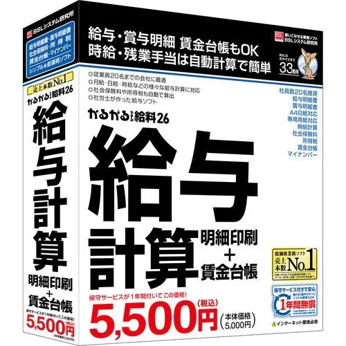 BSLシステム研究所 かるがるできる給料26 給与計算・明細印刷+賃金台帳 Windows対応