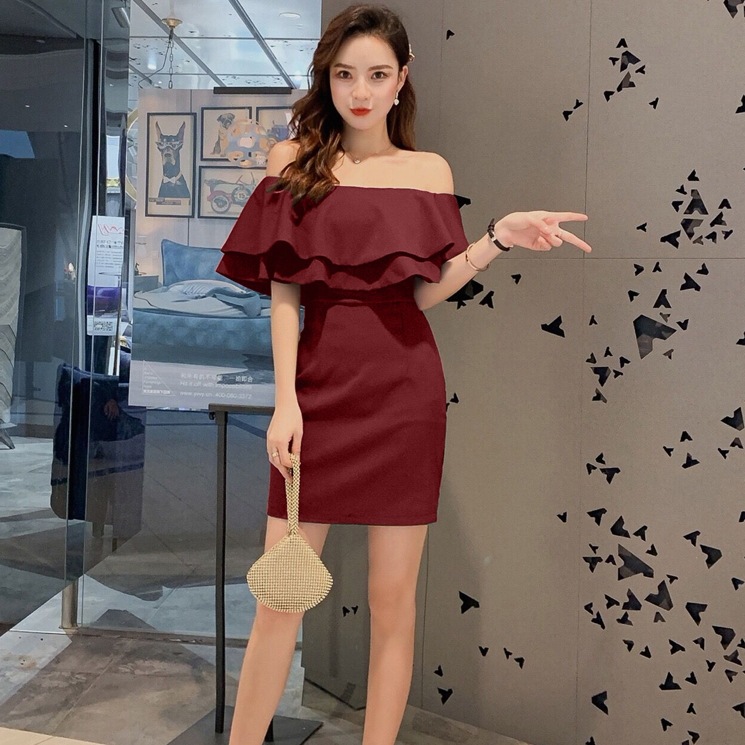 オフショルワンピース ワンピース ワンピドレス ミニ ミニ丈 袖あり 半袖 オフショルダー オフショル スリム タイト 細身 Iライン フリル かわいい 大人可愛い きれいめ シンプル カジュアル