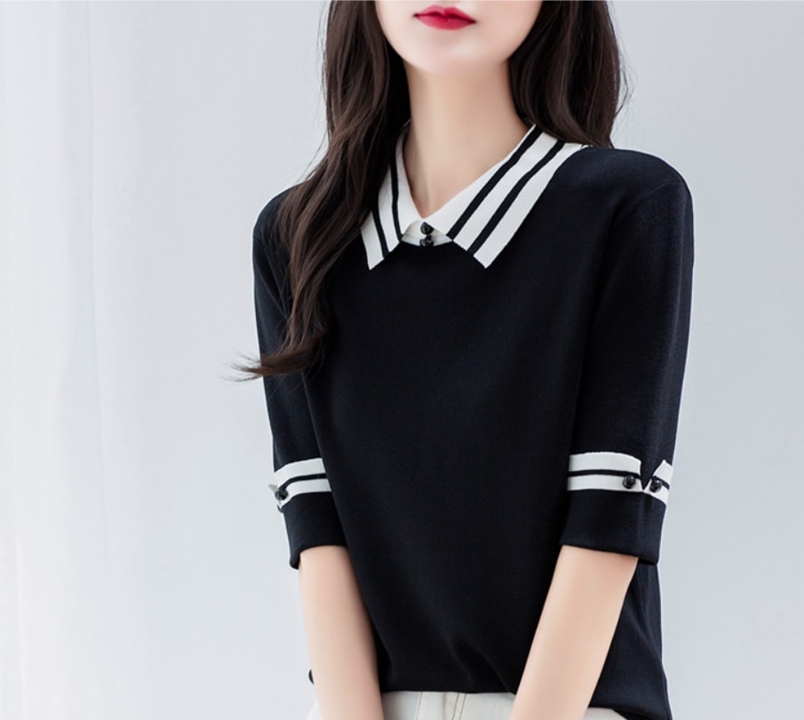 トップス Tシャツ 白トップス 袖あり 半袖 襟付き リブ 伸縮性 シンプル カジュアル 大人 上品 おしゃれ お洒落 大人女子 こなれ感 ボーダー ストライプ 春 夏 20代 30代 40代