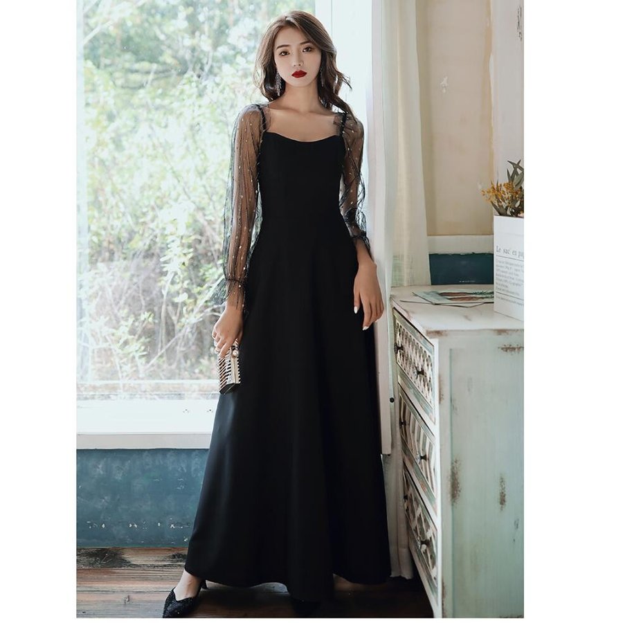 袖あり ロングドレス ワンピースドレス レディース マキシ丈ワンピース Aライン 結婚式 パーディー