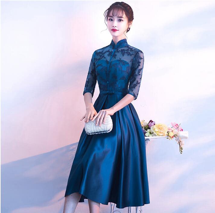 ロングドレス 立ち襟 袖あり ミモレ丈ワンピース パーティドレス フォーマルドレス 二次会 謝恩会