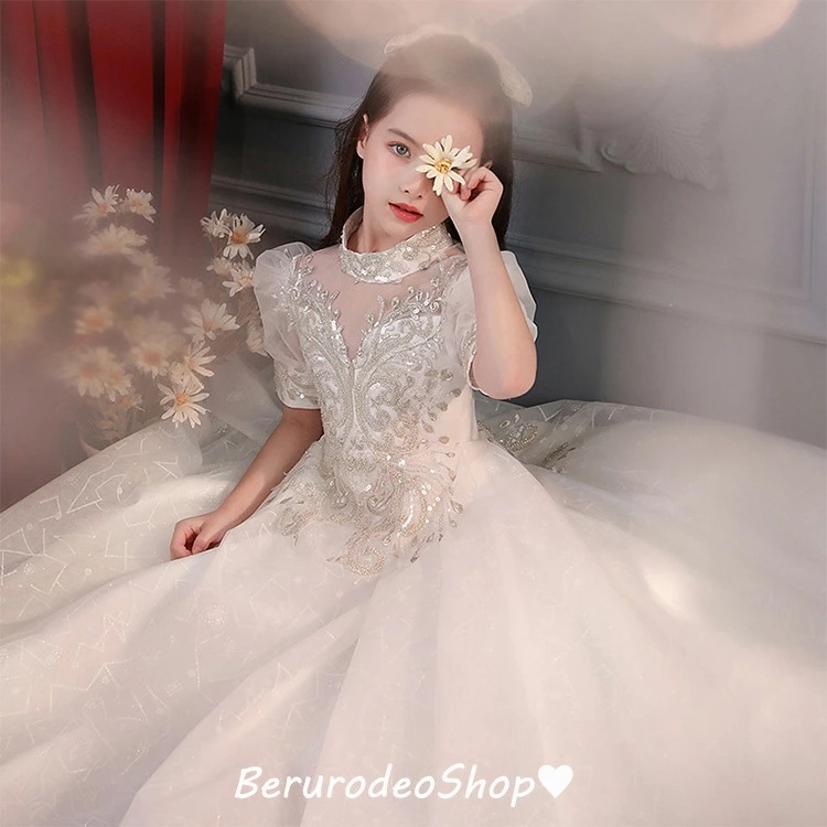 子供ドレス ピアノ発表会 ロングドレス 白 女児ドレス ハイネック パフスリーブ スパンコール ビーズ キレイめ キッズドレス 演奏会ドレス ロング ホワイトドレス 演出服 90 100 110 12