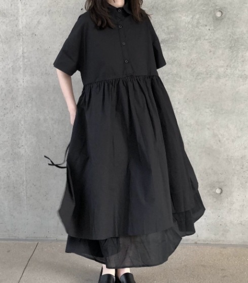 レディース ワンピース フェイクツーピースシャツ シャツワンピ ロング 半袖 襟付き 角襟 ワイド 異国風 切り替えデザイン かわいい 大人可愛い きれいめ シンプル カジュアル 上品 おしゃれ ラフ