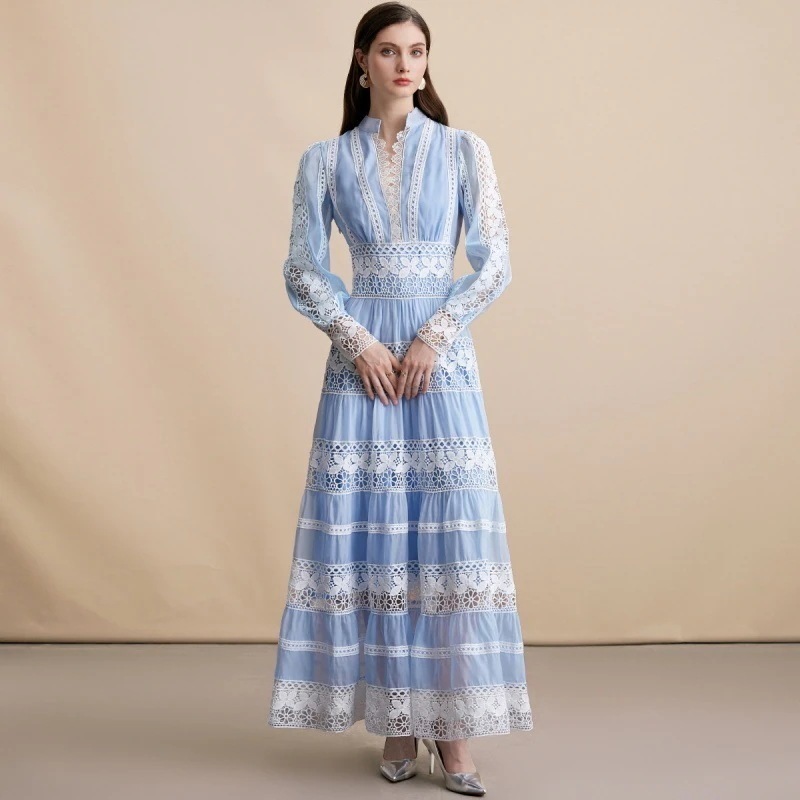 レーストリムVネックワンピース（ランタンスリーブ・秋冬） 入学式 卒業式 結婚式 演奏会 パーーティー お呼ばれドレス