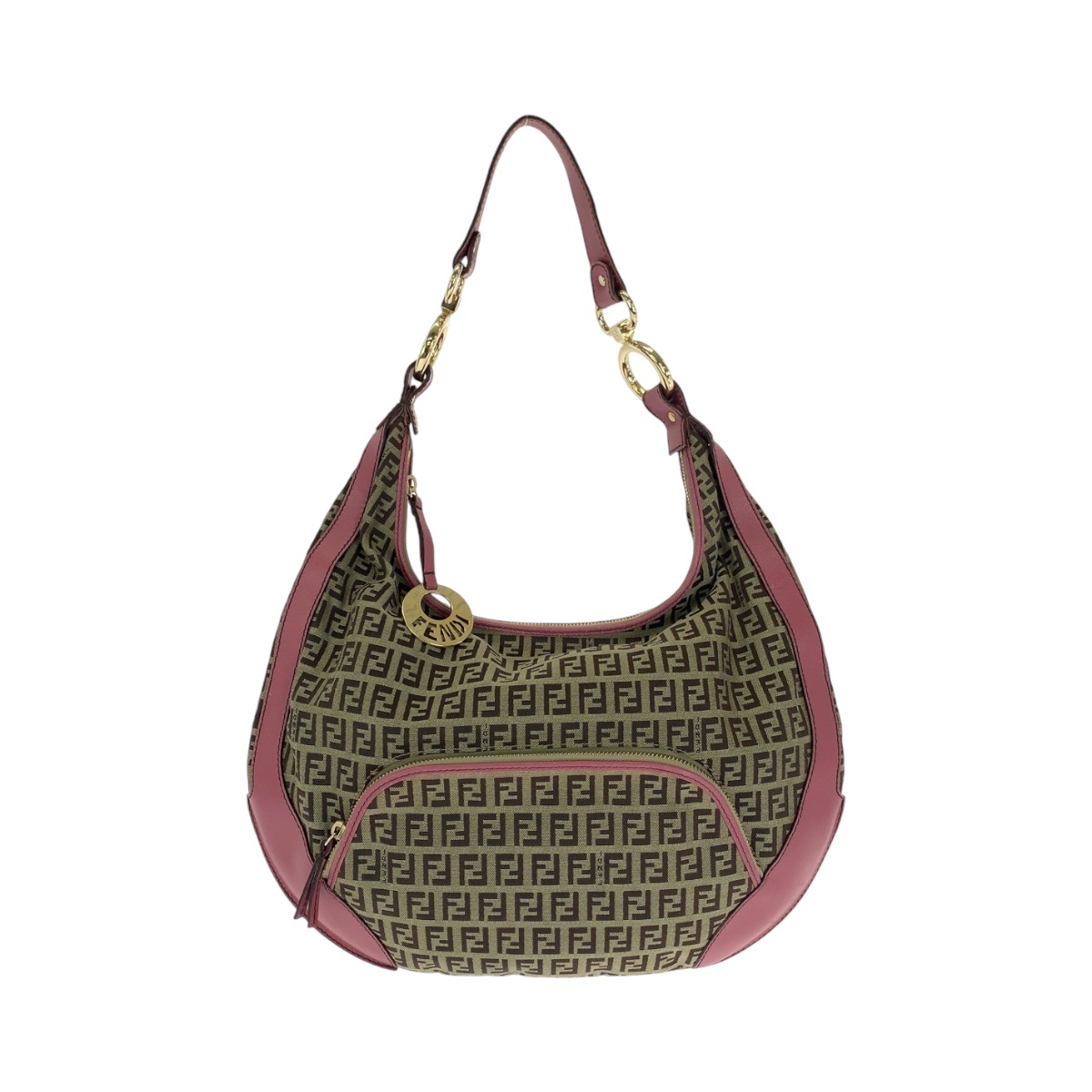 美品 ズッキーノ シェフ ホーボー ブラウン ピンク ゴールド金具 キャンバス ショルダーバッグ レディース 409430