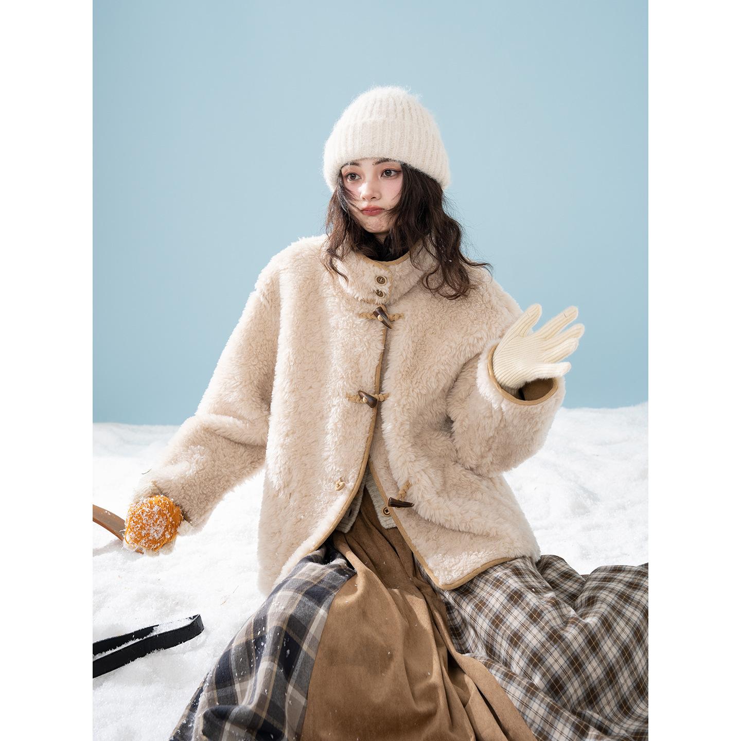 gifts for women keep warm 『浮遊の八記「都市遊牧」』実用リバーシブルファーワンピースラムウールホーンボタンショートコート