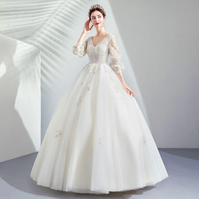 ウェディングドレス 白 安い 二次会 袖あり 大きいサイズ 結婚式 ブライダル パーティー 花嫁 ロングドレス 長袖 披露宴 プリンセス