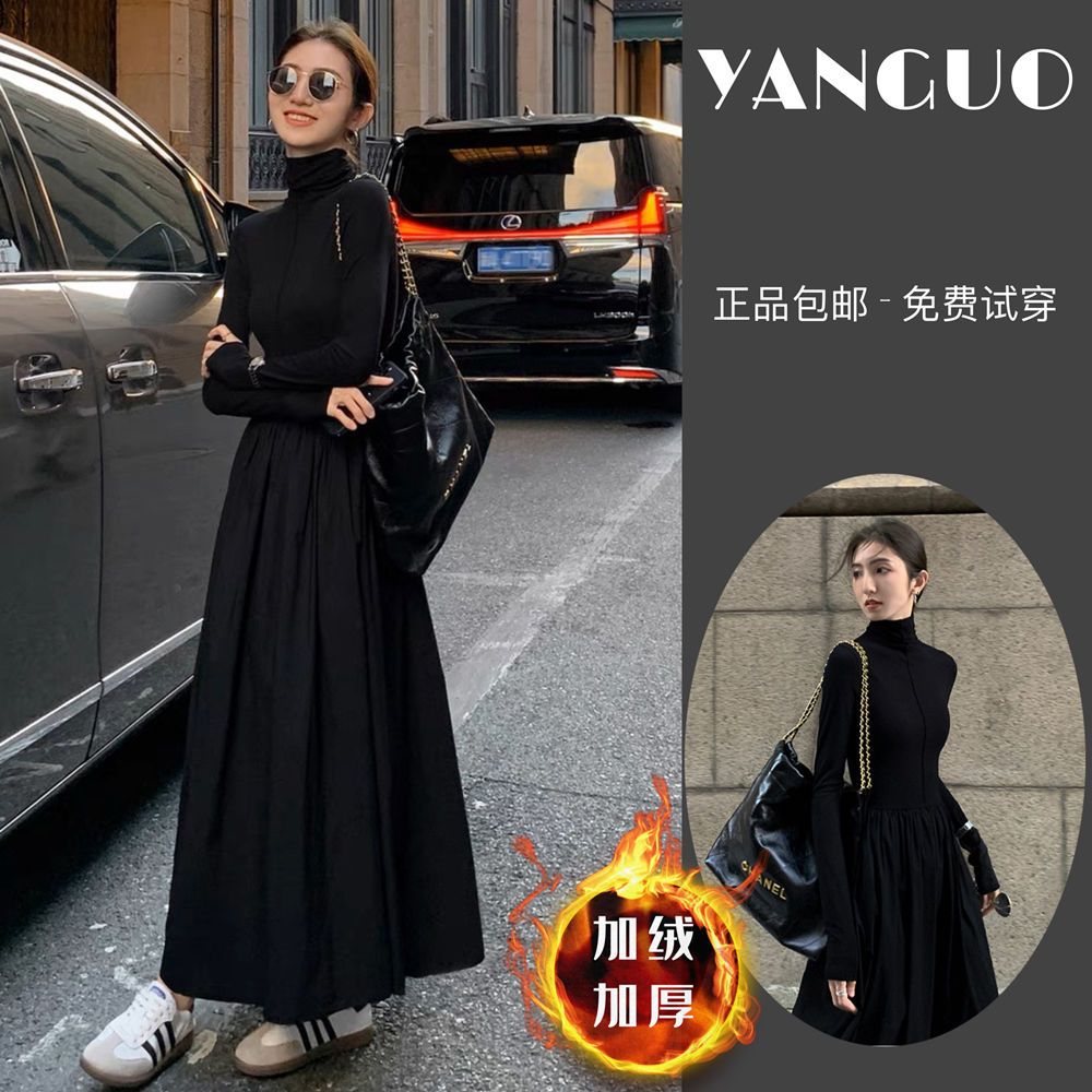 起毛増粘タートルネックニットパッチワークワンピース着痩せインナースカート女性用エレガント膝丈ロングスカート