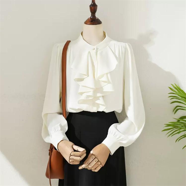 激安販売！ブラウス シャツブラウス レディース トップス シャツ 長袖 長そで スタンドカラー 立ち襟 シフォン 無地 フリル 羽織り 羽織 薄手 上品 きれいめ 春 フリルスタ