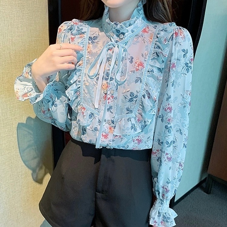 トップス 韓国風 オルチャン 花柄 フラワー フリル フリル袖 シャーリング シャツ 華やか フレア リボンタイ リボン ハイネック タートルネック ブラウス スウィート 甘さ フェミニン 袖あり