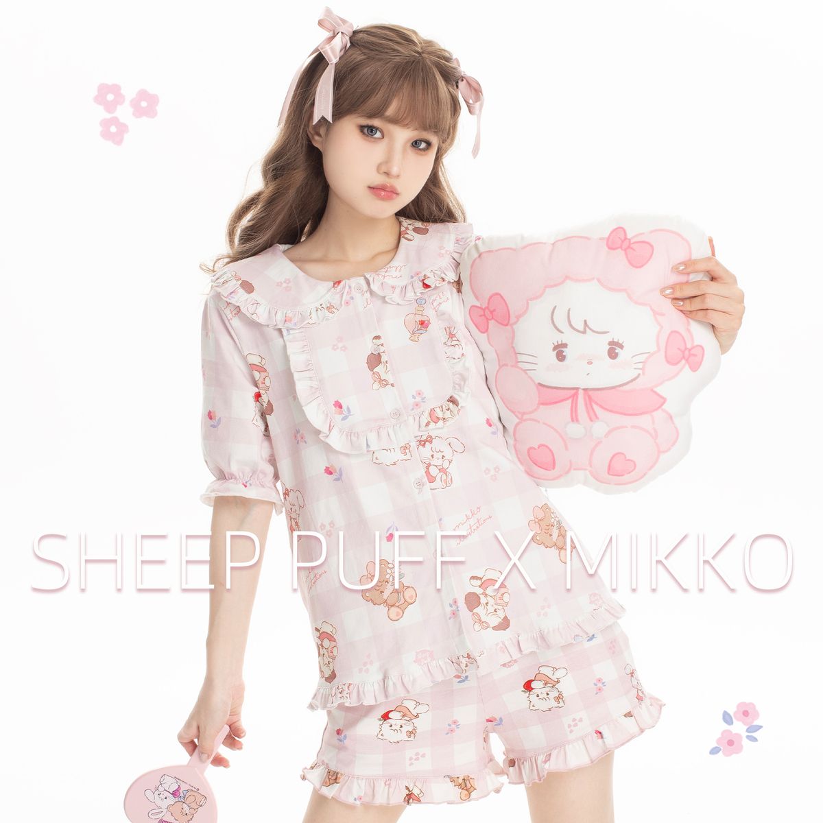 Mikko半袖セットピンク白チェックレース夏ホームウェア半袖可爱い女