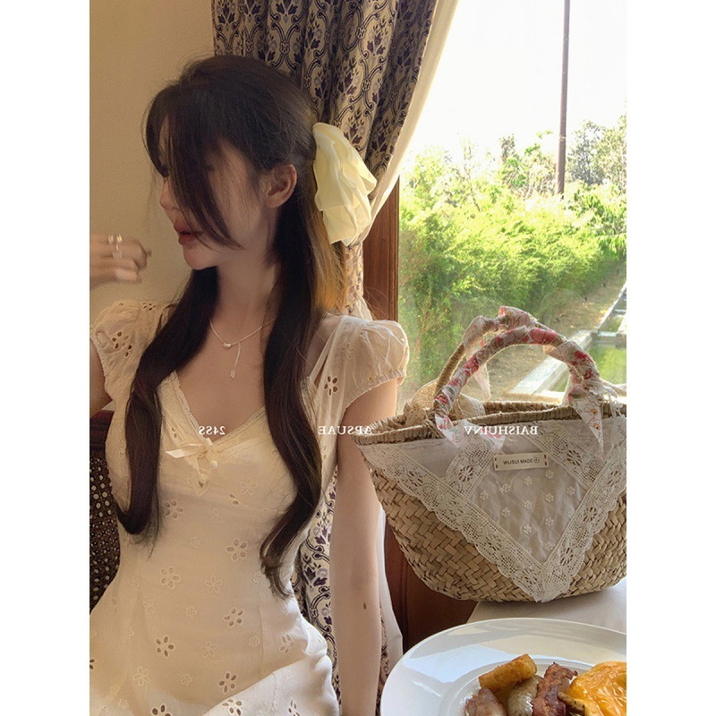 Baishui 女性 [優しい小さな花] 刺繍ドレスボウサスペンダーレディーススプライシングレースウエストスーツスカート