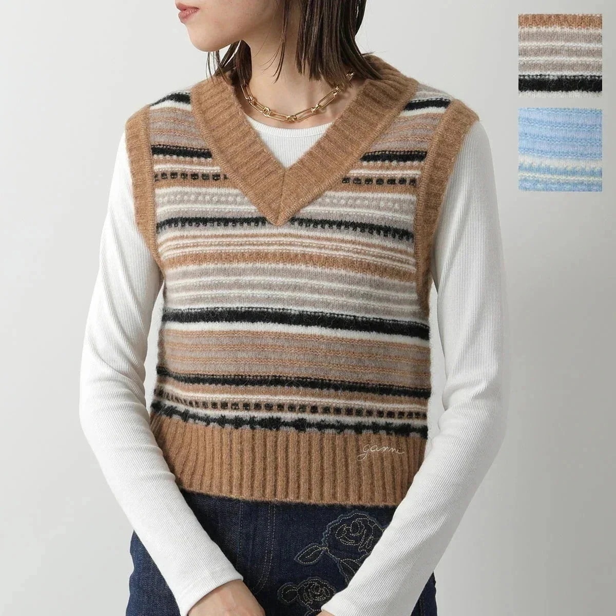 GANNI ガニー ニットベスト Soft Wool Stripe Vest K2236 K2258 2662 レディース Vネック ノースリーブ ボーダー ス 【ts】