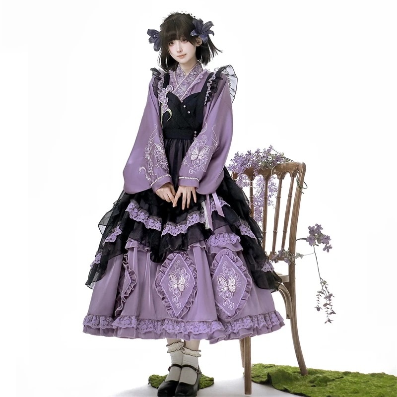 正規品デザイン羽紗紫蝶cos洋折衷新韓国ロリータワンピースエプロン