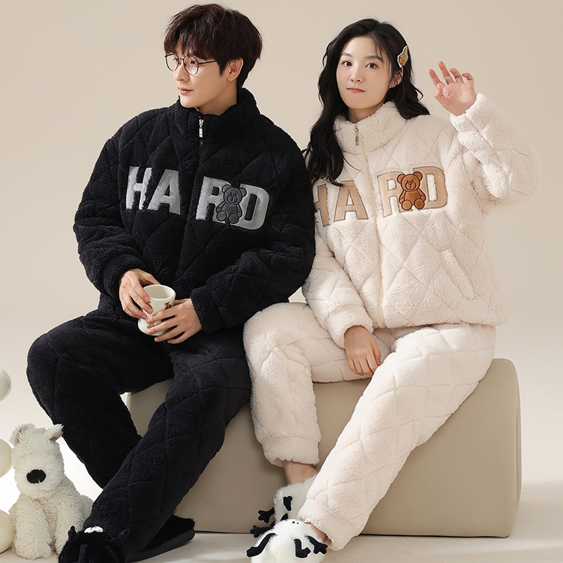 コーラルフリースキルティングパジャマ カップル 冬 厚手 3層 暖かい 長袖 レディース カジュアル ホームウェア メンズ スーツ