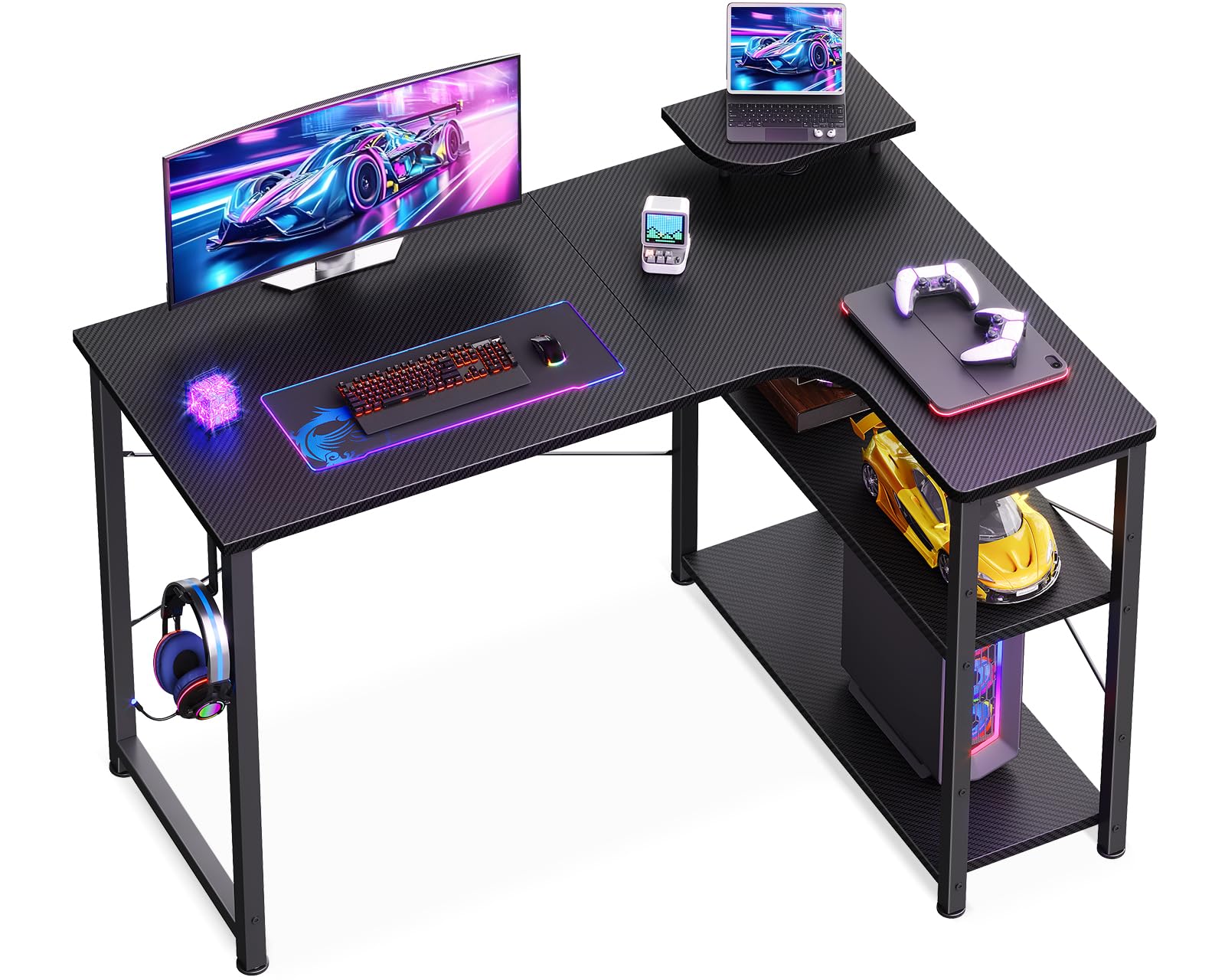 パソコンデスク L字 ゲーミングデスク 幅90 ワーク l字デスク 机 pcデスク desk 棚付き 勉強机 オフィス 在宅勤務 桌子 作業机 組立簡単 右棚 カーボンブラック 85878 7,676円