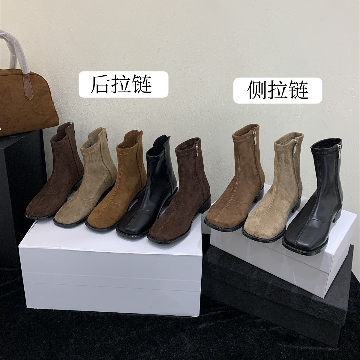 韓国ドンダムンミッドチューブブーツ汎用性のあるソフトレザースクエアトゥーフラットショートブーツシンブーツシンブーツ濃厚なブーツ秋と冬