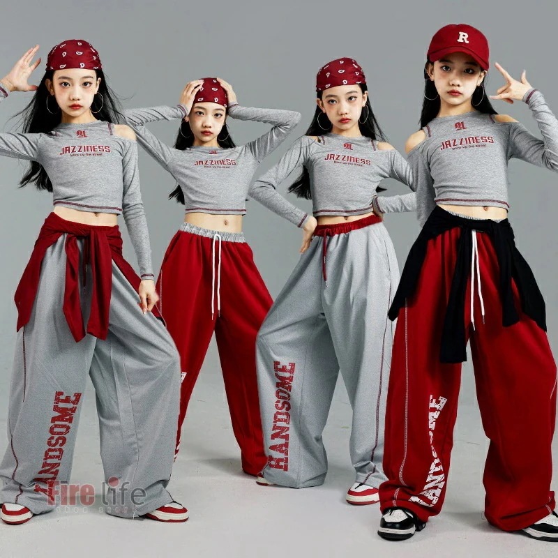 ダンスウェアセール チアダンス キッズダンス衣装 練習服 肩出し jazz セットアップ 英文字柄 へそ出し グレートップス 長袖 赤 ロングパンツ 運動パンツ ヒップホップ 韓国 hiphop ジャ