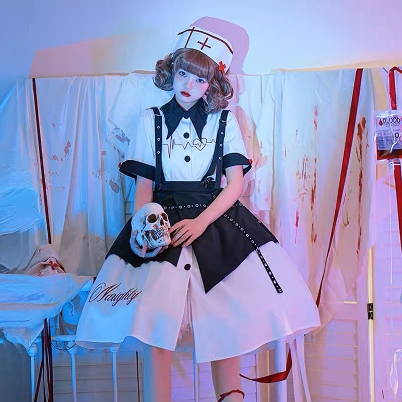 新作オリジナル高質ロリータワンピースとエプロンセットアップナース服可愛い 二次元かわいい新作公主 かわいい ロリ学園祭 A15