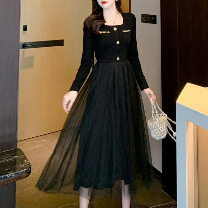 ワンピース ワンピ ドレス ニット 袖あり チュール 異素材ミックス レディース エレガント きれいめ カジュアル 大人 可愛い フェミニン 長袖 ミモレ丈 スクエアネック ハイウエスト フレアスカー