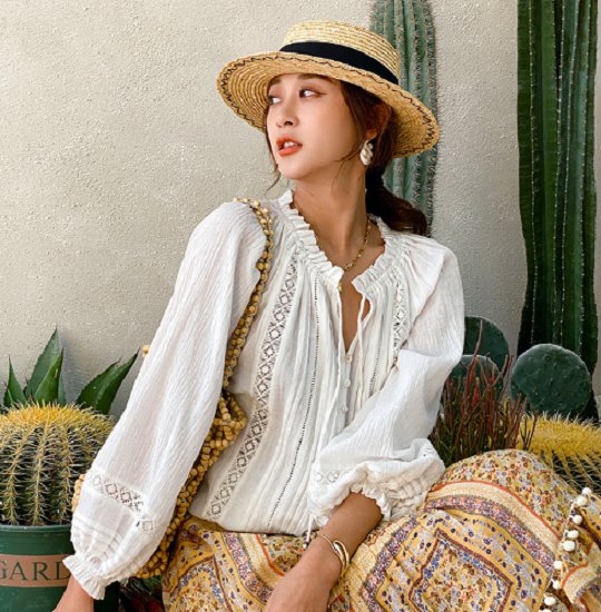 ブラウス レディーストップス 長袖 白 トップス 大きいサイズ エスニック リゾート 体型カバー ノーカラー ボリュームスリーブ 春夏 レディース ブラウス レディーストップス 長袖 白 トップス