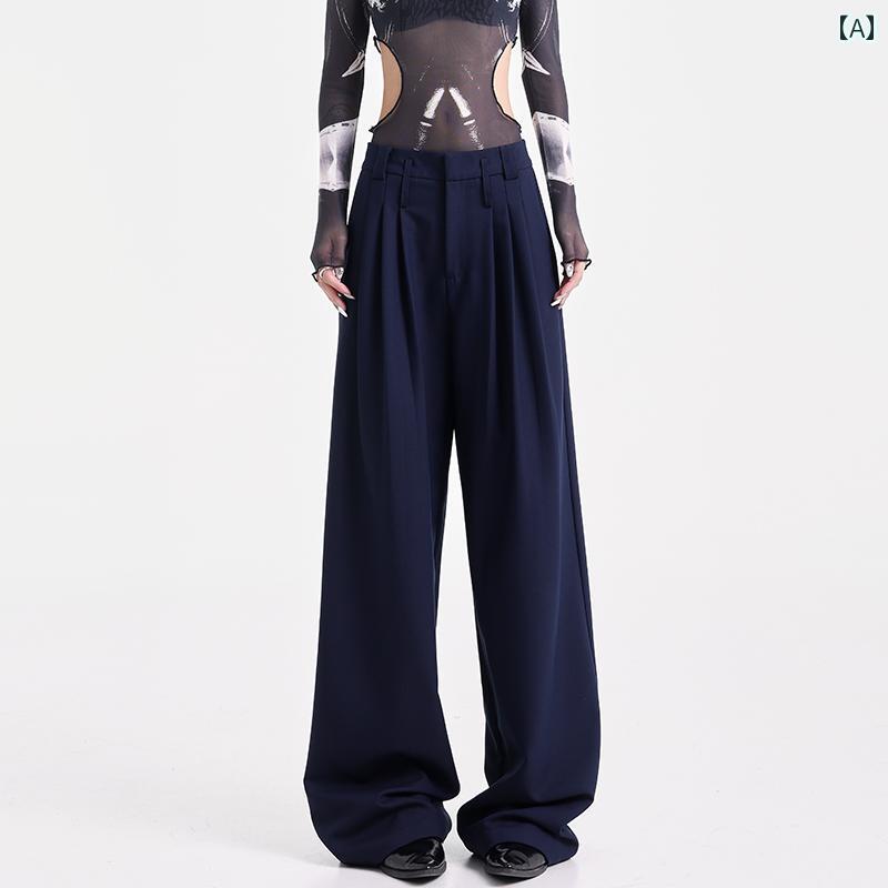 レディース ボトムス パンツ ワイド ロング ストリート KPOP ダンス トレーニング 初秋 ハイウエスト スーツ ストレート プリーツ フロア レングス カジュアル