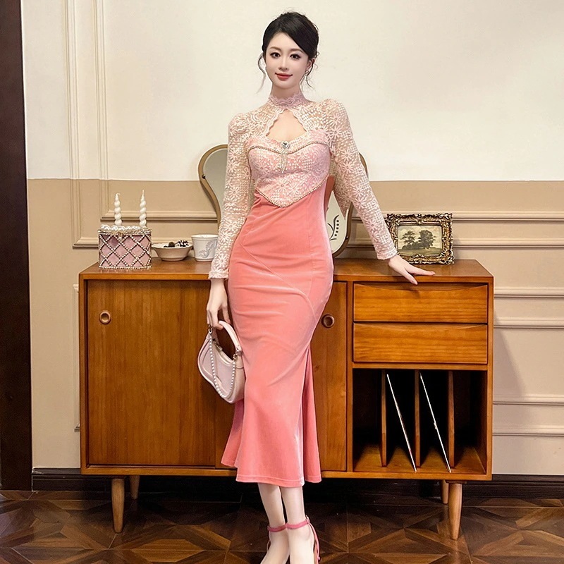 卒業式 中華風 結婚式 パーティードレス チャイナ キャバ 演奏会 レースワンピ 披露宴 2025秋冬新品 ベルベット 二次会 同窓会 大人 ウェディング 着痩せ メガ割