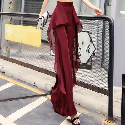 パンツ レディース フレア 個性的 フリル シフォン サイドデザイン 透け感 無地 赤 黒 白 S M L XL 2XL 3XL 大きいサイズ 春 夏 秋 ハイウエスト 体型カバー カジュアル シンプ