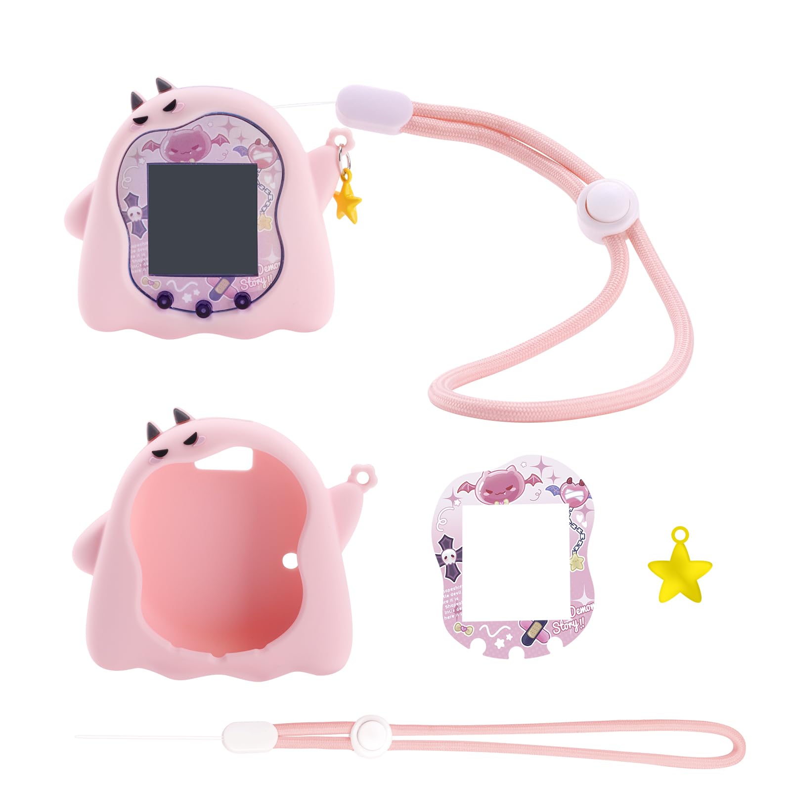 Tamagotchi Uni用シリコンケースソフトTPU保護カバー スクリーン装飾プロテクターと調節可能なリストストラップ付き - 小悪魔 (ピンク)