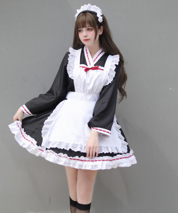メイド服 改良 着物 和物ドレス 長袖 和風 メイドコス 膝丈 ショート丈 メイド コスプレ衣装 大人 萌え萌え メイドドレス 裾フリル オリジナル コンカフェ ウェイトレス ハロウィン 学園