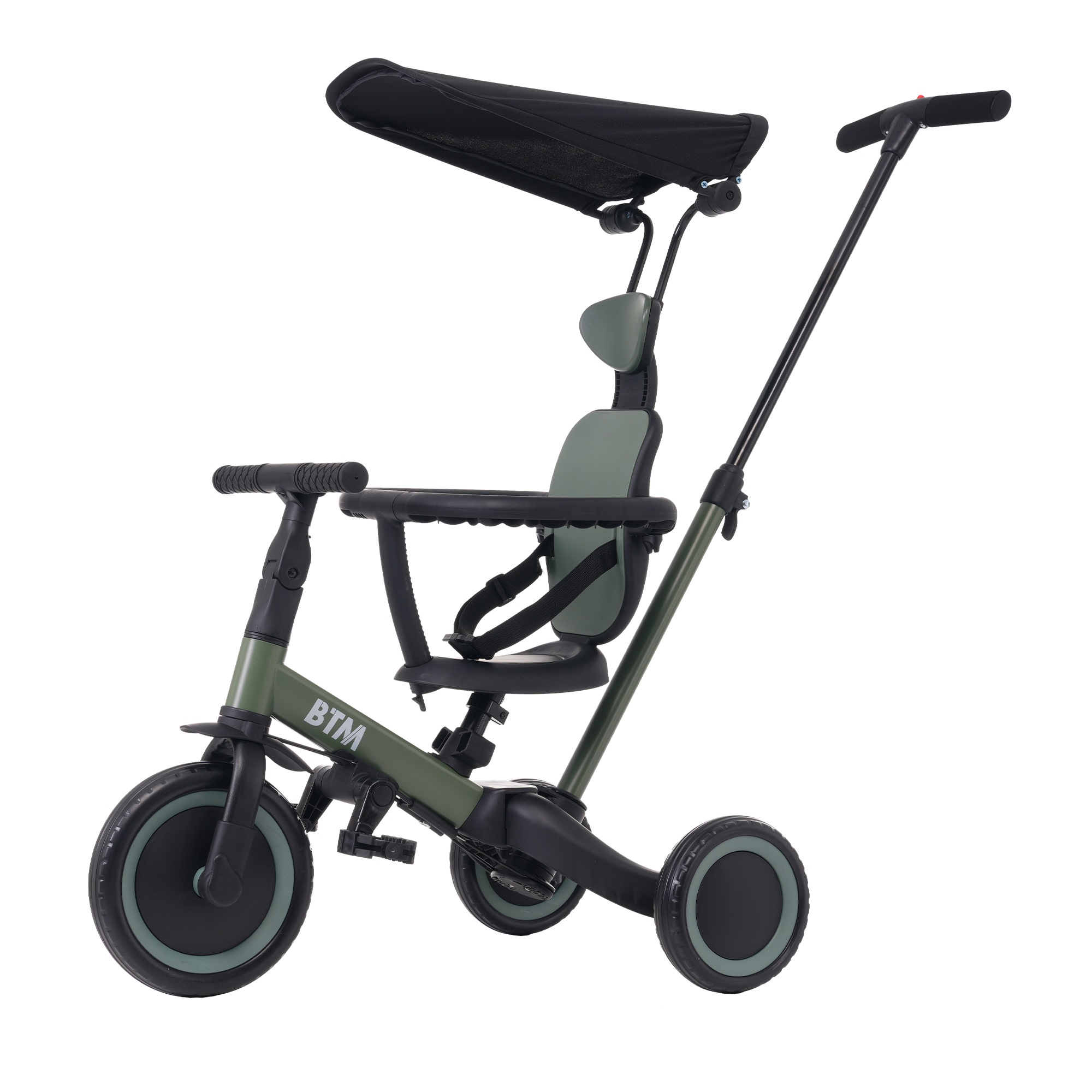 【国内発送】37【マットグリーン】 子供用三輪車 5in1自転車 オリジナル 押し棒付き 安全バー付き サンシェード付き