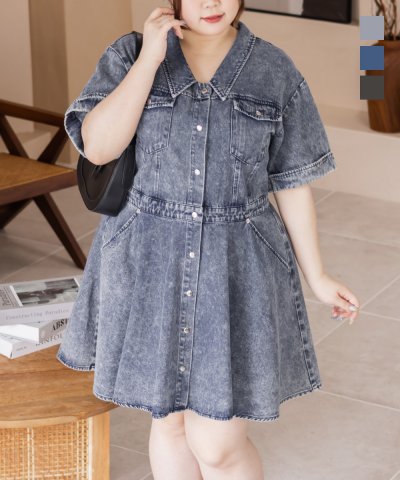 大きいサイズ レディース LL 3L 4L XL XXL XXXL CLETTEオリジナルサファリ風デニムミニワンピース