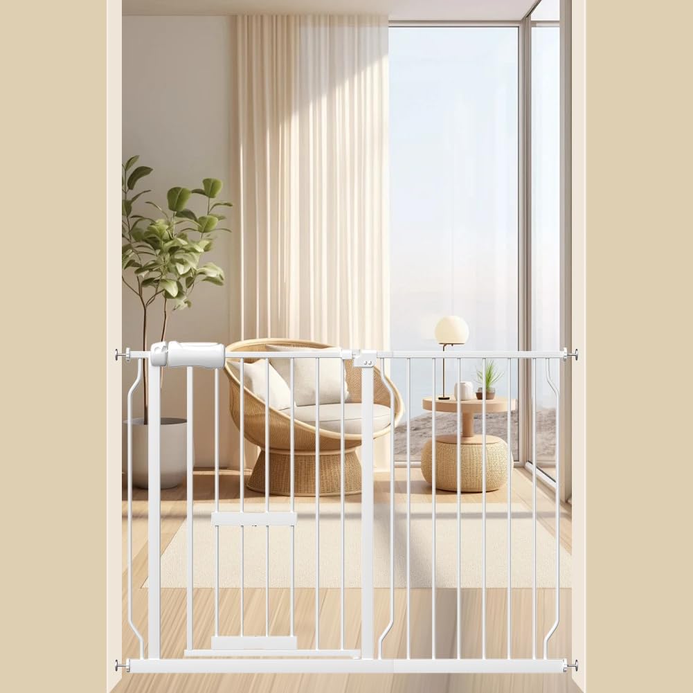 ベビーゲート ペットドア付き 突っ張り式 高さ78cm 扉開閉式 二重ロック 取付幅110-122cm ホワイト 拡張フレーム付き 補強部品付き