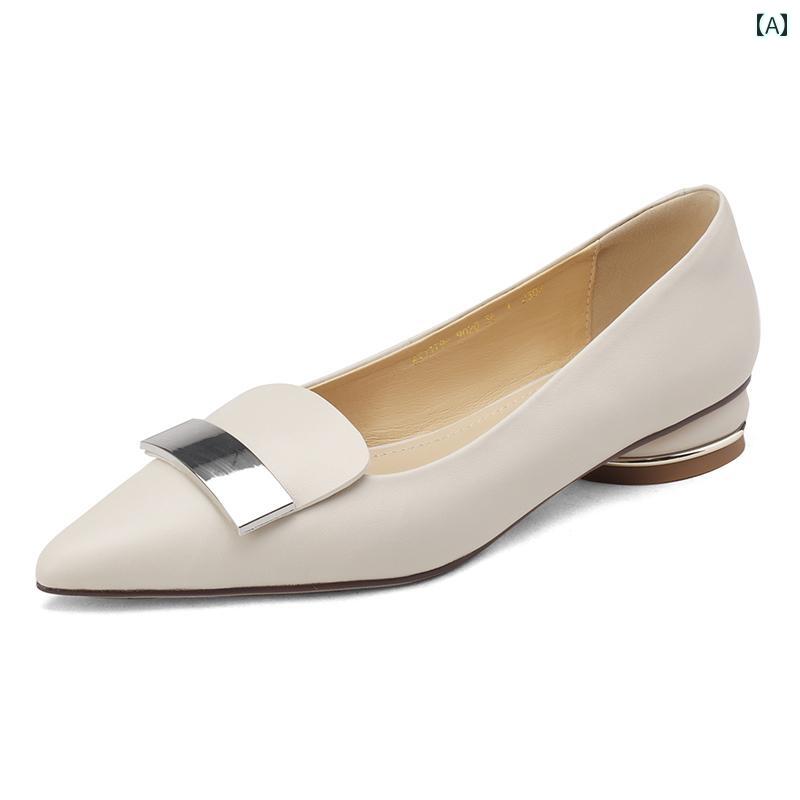 パンプス 革靴 レディース フレンチ ポインテッドトゥ 浅口 シングル シューズ 春秋 革 太 ヒール ローヒール カジュアル 快適 スリッポン ローファー