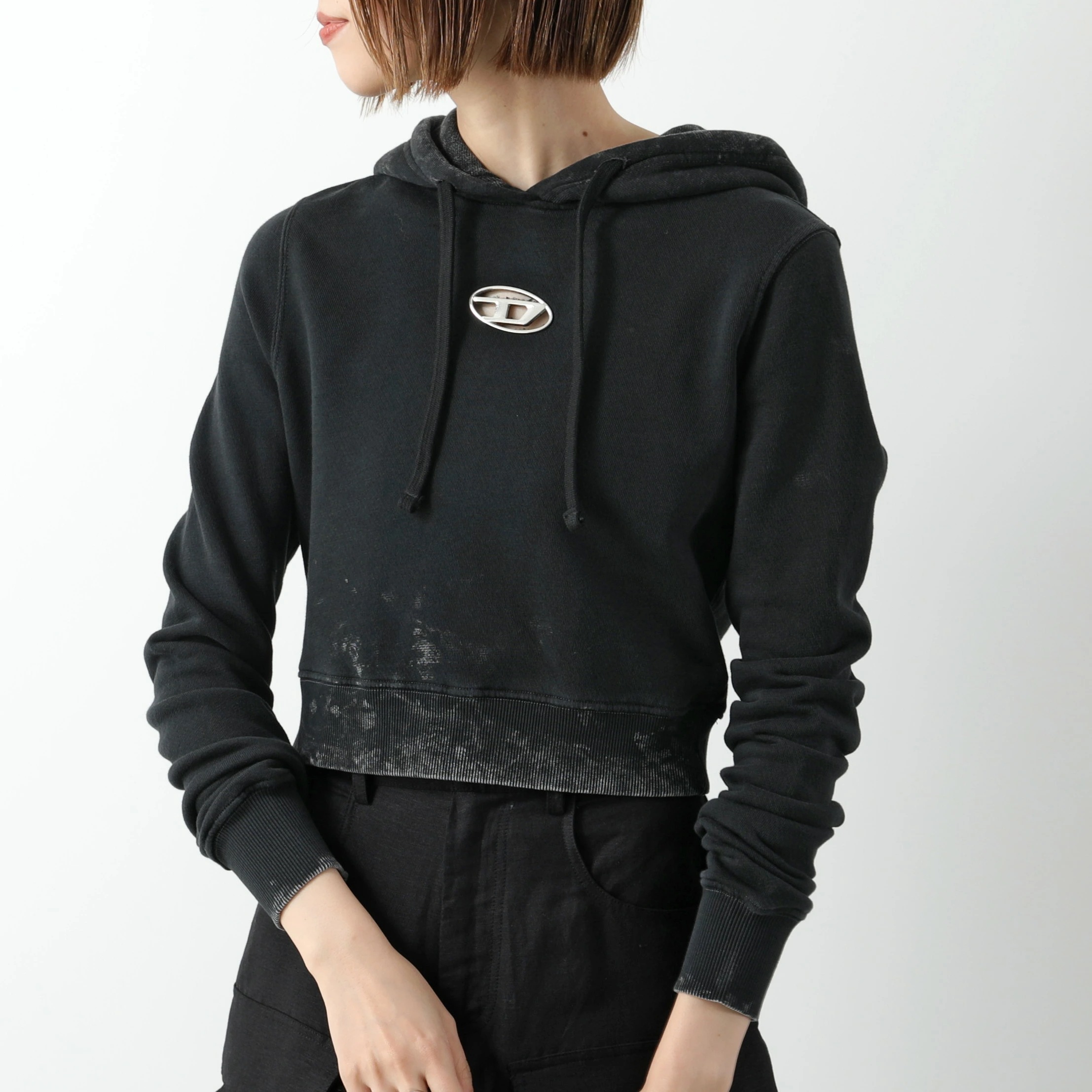DIESEL ディーゼル フーディ F-SLIMMY-HOOD-P5 A14492 0IPAC レディース スウェット 長袖 コットン パーカー オーバルD ロゴ クロップド丈 900