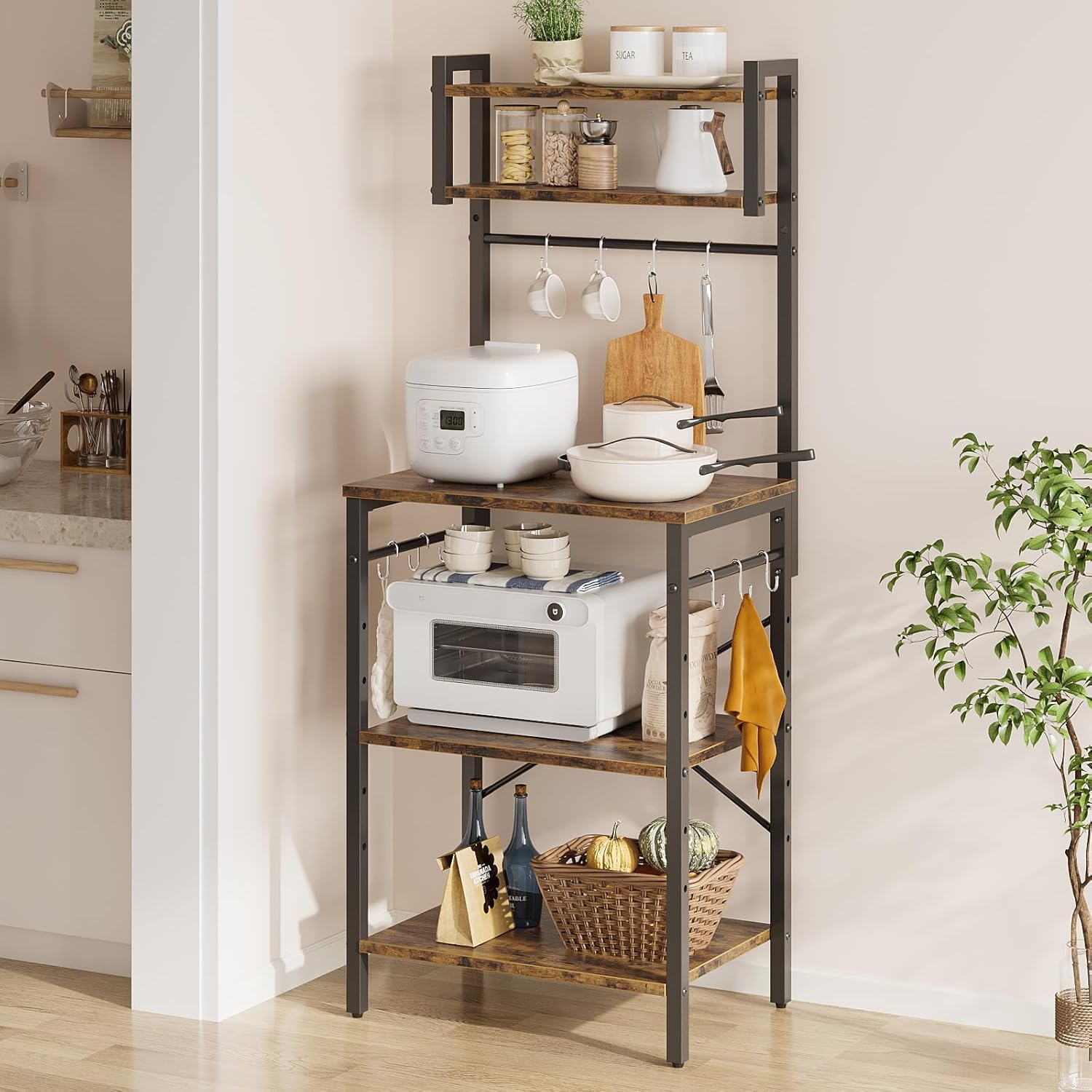 Bestier レンジラック 幅60レンジ台 電子レンジラック 大型レンジ対応キッチンラック 高さ調整可動棚 高耐荷設計 高さ147.8cm 省スペース 10個Ｓ字フック アジャスター付き 食器棚 レ
