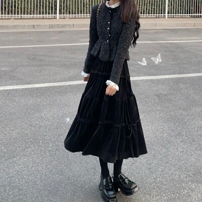 ベルベットの黒半身スカート女秋冬スカート厚手半身ロングスカート冬にセーター小柄冬スカート