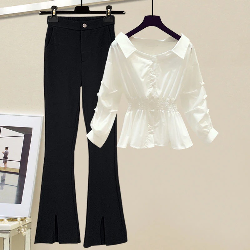 ハイエンドのカスタマイズ-秋の新作の韓国ドラマスーツ女性用緩い年齢を軽減するウエストパフスリーブシャツマイクロフレアカジュアルパンツ女性用2点セット