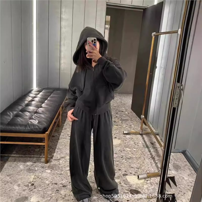 2024 初秋シンプルな文字刺繍ジッパーフード付きカーディガンスーツセータージャケットレディース