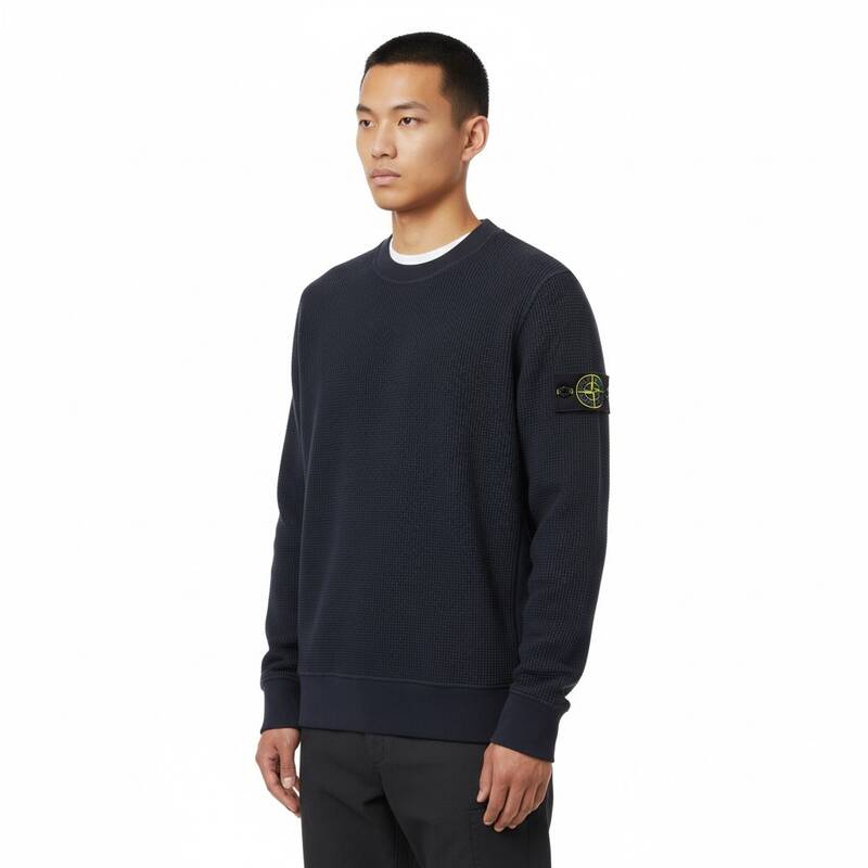ディモント・ストーン メンズ ワッペンパッチ ワッフルフリース クルーネックTシャツ（ネイビー） L1S15 6100056 S0044 V0020