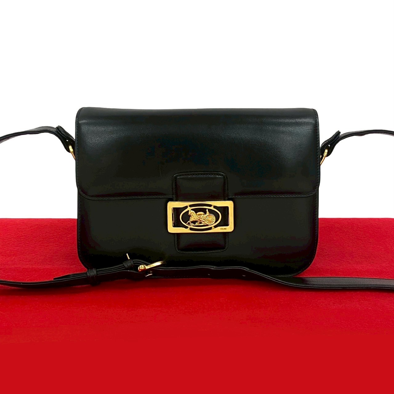 ヴィンテージ 馬車金具 ホースキャリッジショルダーバッグ カーフ レザー ブラック 45139