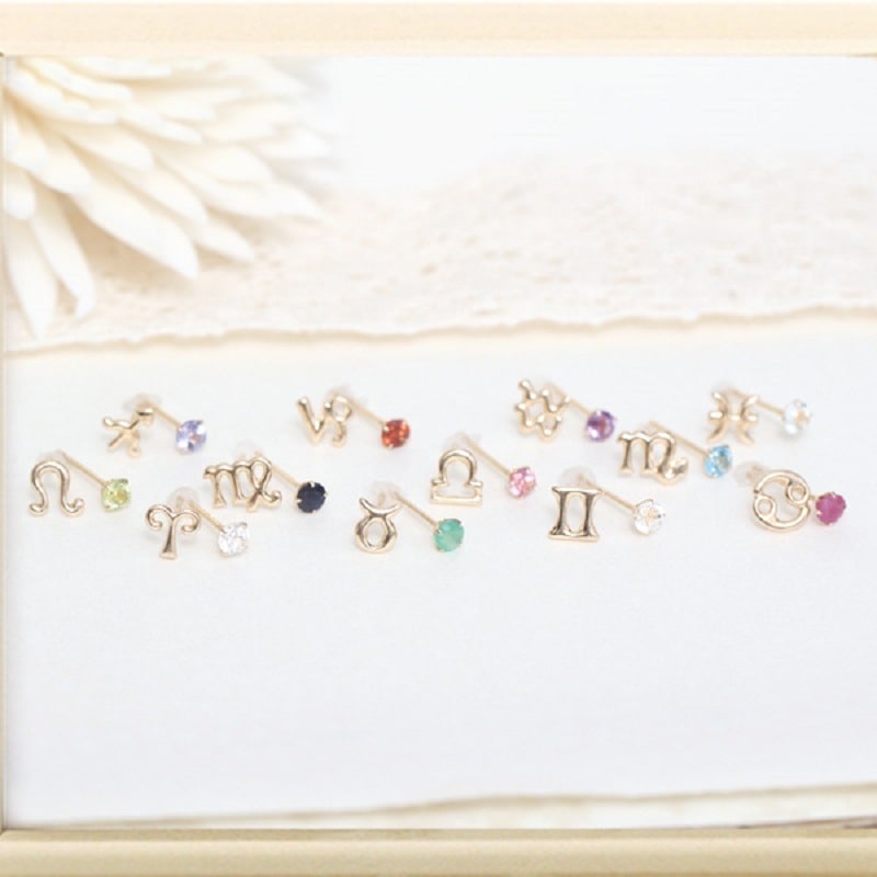 K10イエローゴールド誕生石スタッドピアス＆星座モチーフピアス 発送目安：２３週間