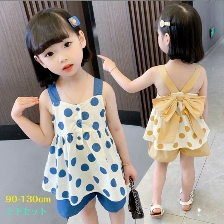 上下セットアップ 女子 子供服 2点セット 5分丈 ノースリーブ ドット 水玉 キッズ服 夏 半ズボン 韓国風子供服 黄色 ブルー 90cm 100cm 110cm 120cm 130cm